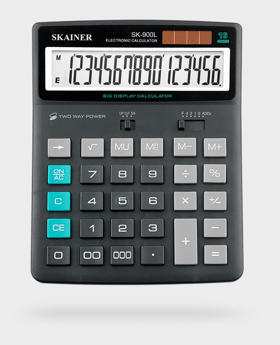 Калькулятор 16разр. 2пит. черн. %, Корень, 00, 000, -->, MU, +/- Skainer