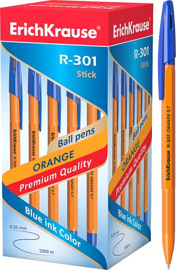 Ручка шариковая  синий 0, 7мм R-301 желт. корп. Orange+ШК 2000метров длина письма Erich Krause