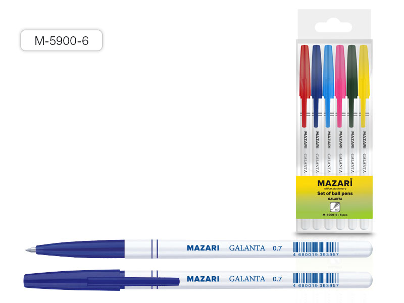 Ручка шариковая в наборе  6цв 0, 7мм TZ 2019 белый корпус Mazari