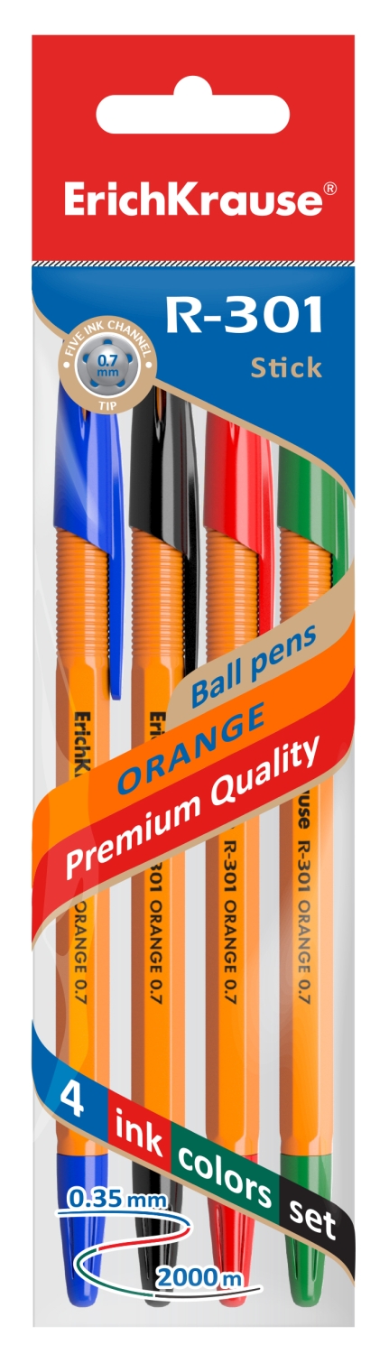 Ручка шариковая в наборе 4цв R-301 Orange Stick 0. 7мм Erich Krause