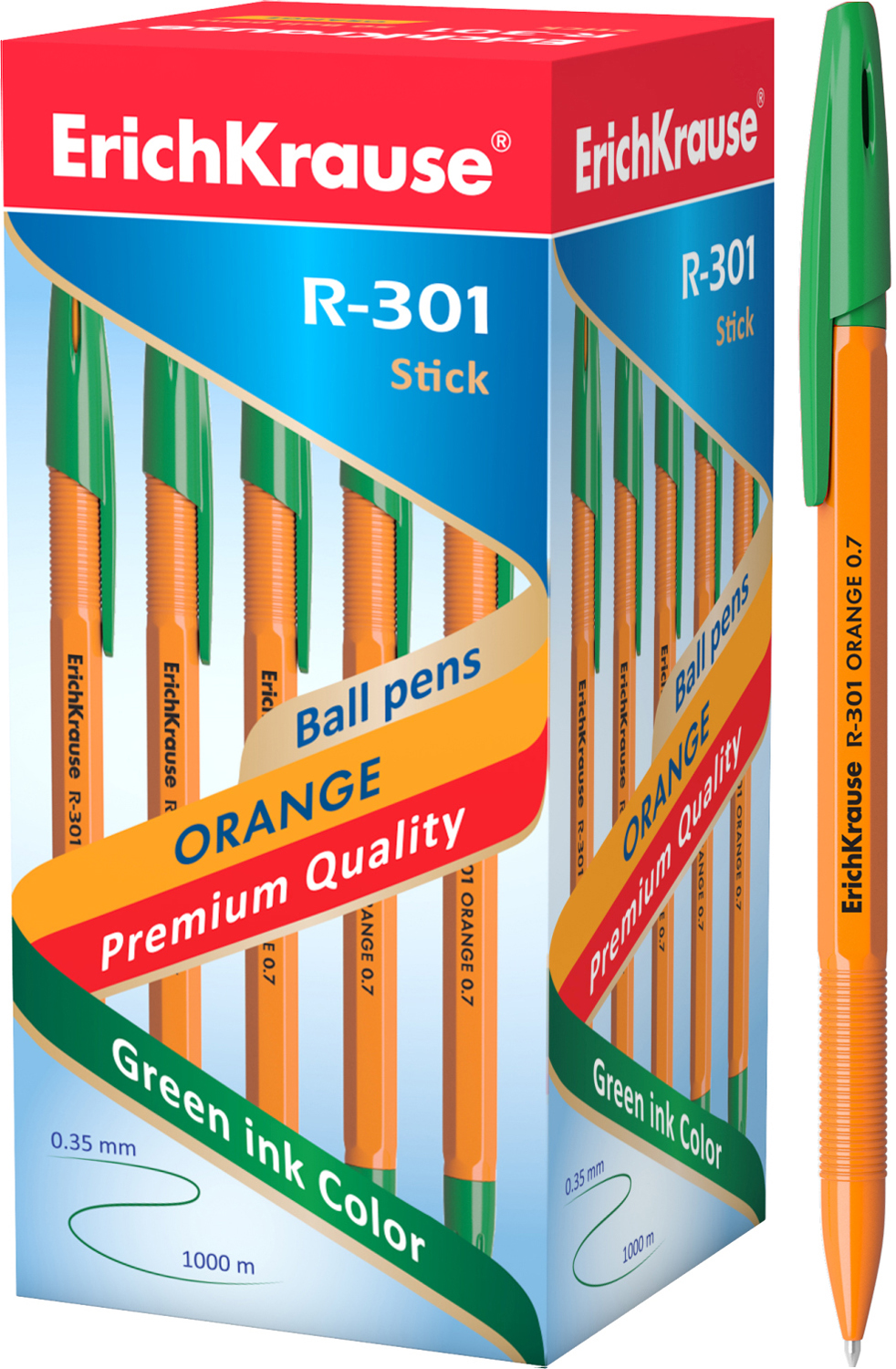 Ручка шариковая Зеленый 0, 7мм R-301 желт. корп. Orange Erich Krause