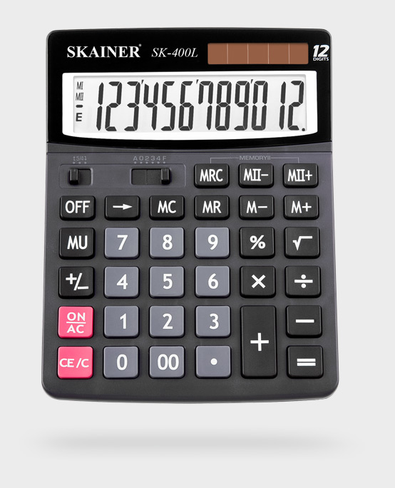 Калькулятор 12разр. 2пит. черн. %, Корень, 00, -/+, --> 150*193*29мм Skainer