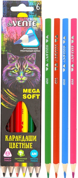 Цветные карандаши 6цв "Trio Mega Soft" 4М, 3мм, трехгран. deVENTE