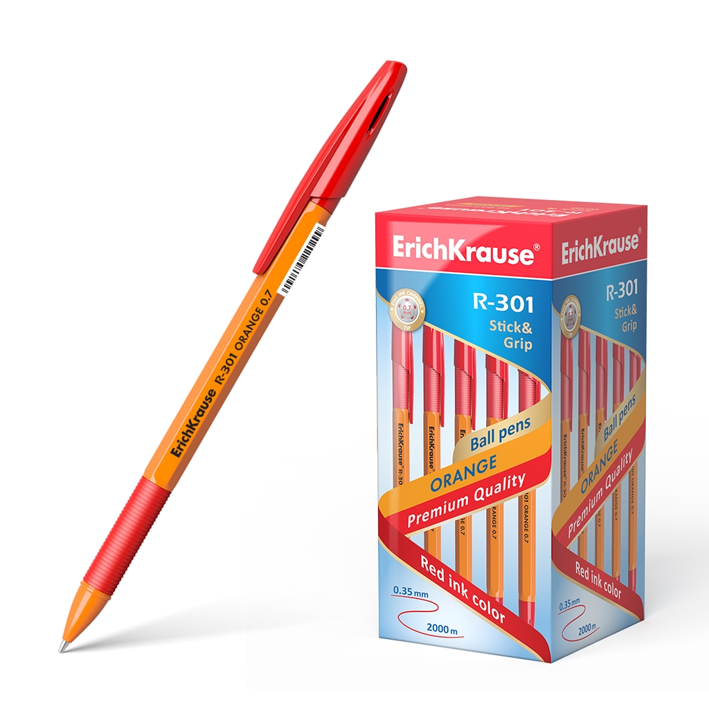 Ручка шариковая красный 0, 7мм R-301 желт. корп. Orange Stick&Grip Erich Krause