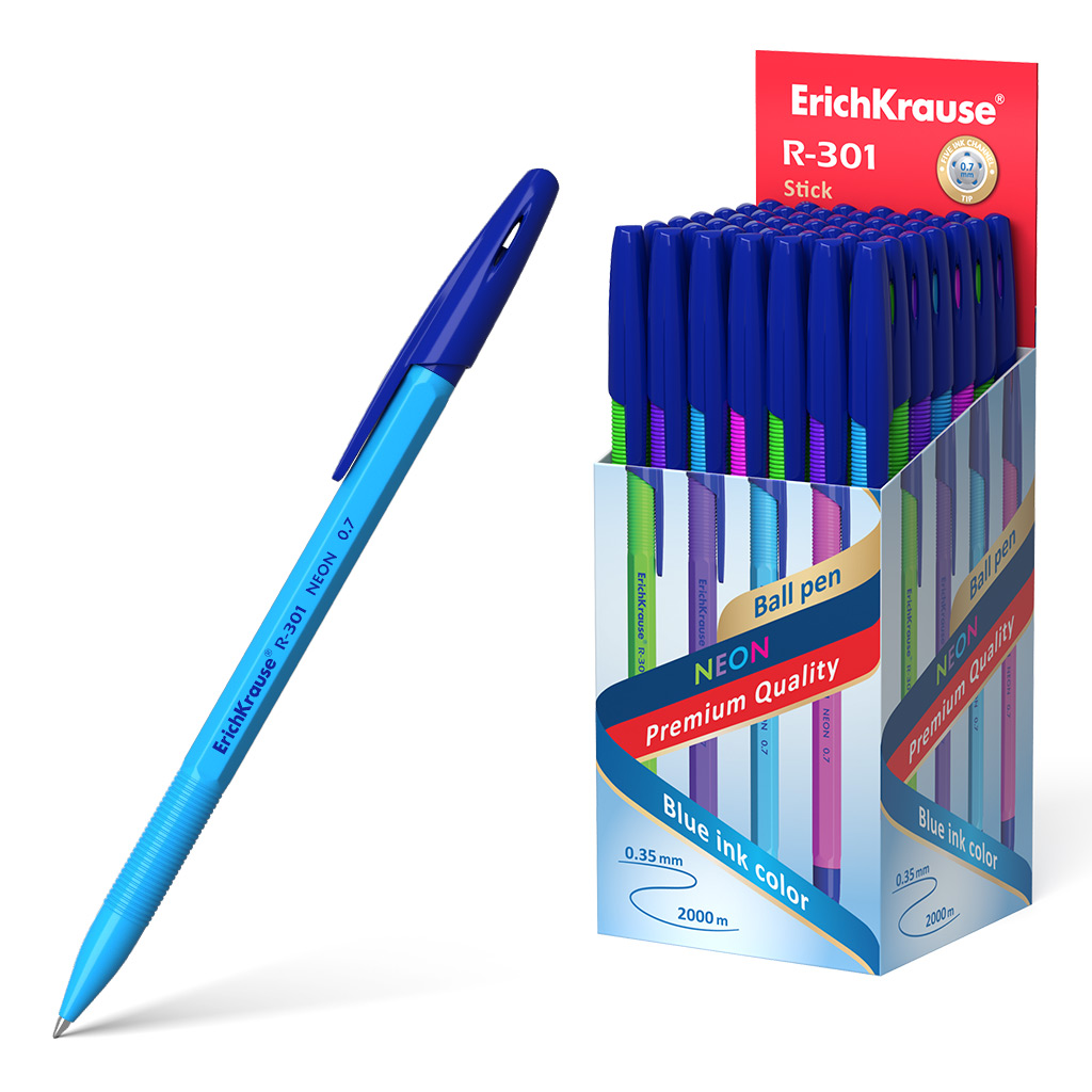 Ручка шариковая  синий 0, 7мм R-301 Neon Stick длина письма 2000м Erich Krause