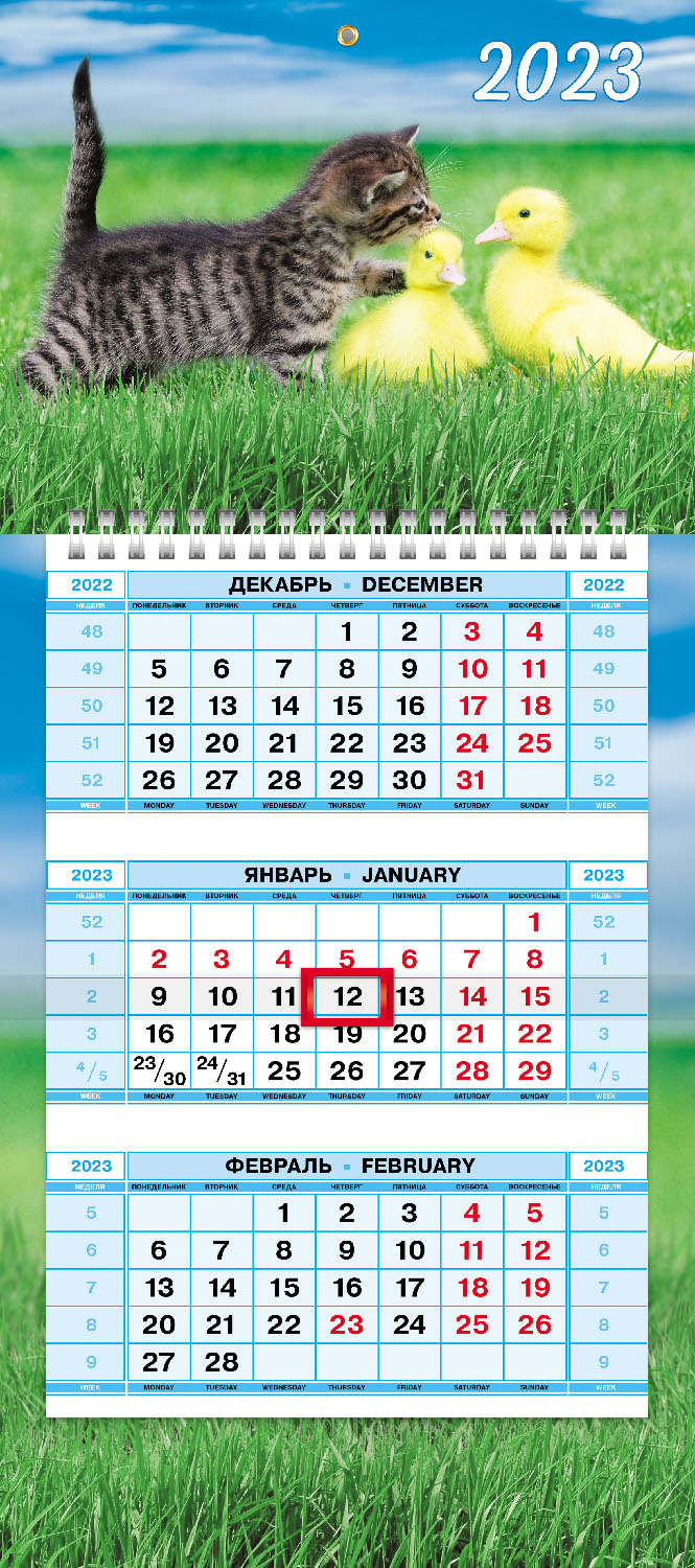 Календарь кварт. 3-х блочный 2023 Мини1 "Пушистые друзья" на 1гребне с бегунком Hatber