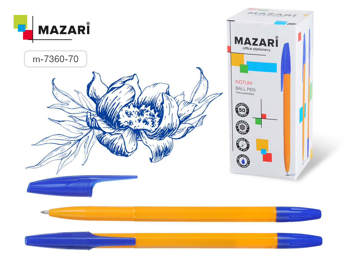 Ручка шариковая  синий 0, 8мм игольч. NOTUM желт. корп. Mazari