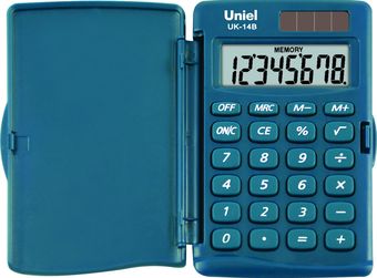 Калькулятор  8разр. ,карманный синий, двойное питание+%+Корень 190*60*12мм UNIEL