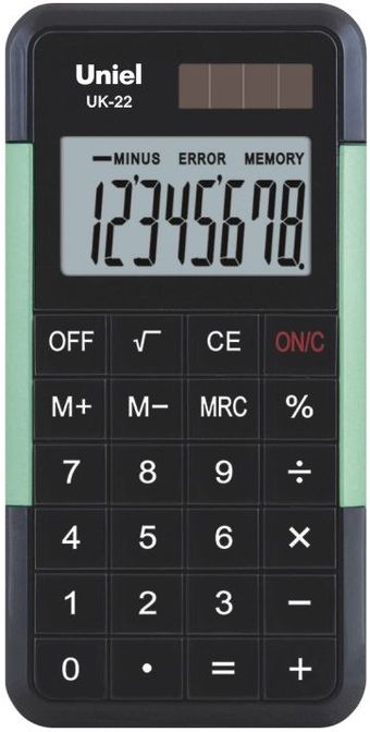 Калькулятор  8разр. ,карманный св-зеленый двойное питание+%+Корень, большой дисплей 120*60*11мм UNIEL