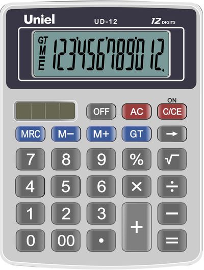 Калькулятор 12разр. 2пит. синий %+Корень функция Итог. сумма, больш. дисплей 126*95*11мм UNIEL
