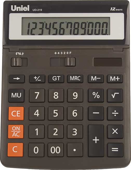 Калькулятор 12разр. 2пит. черный %+Корень, подьемный дисплей, 201*150*25мм UNIEL