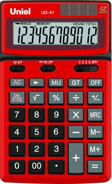 Калькулятор 12разр. 2пит. красный %+Корень, подъемн. дисплей, Торгов. наценка, Итог. сумма 173*106*26мм UNIEL