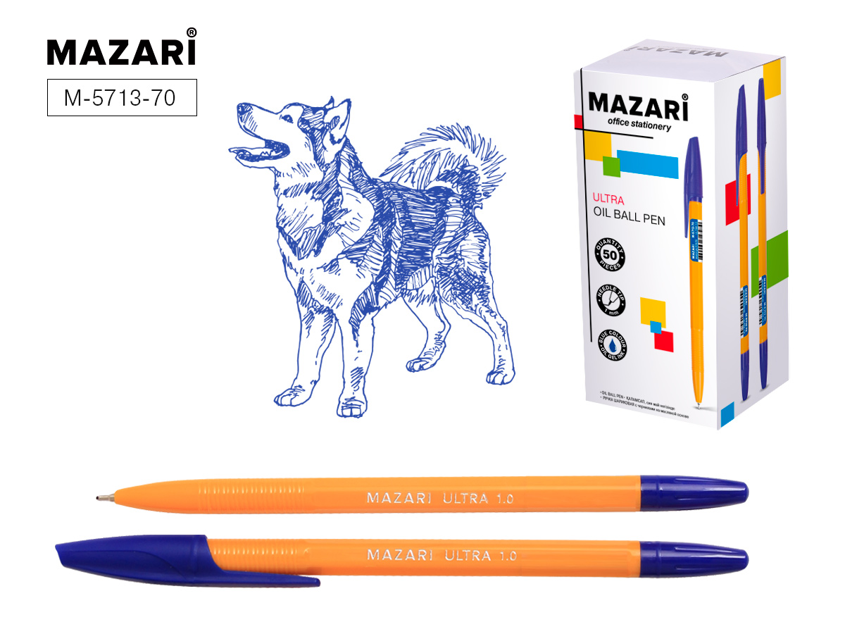 Ручка шариковая  синий 1мм  масл. 1145 TZ желтый корпус Mazari