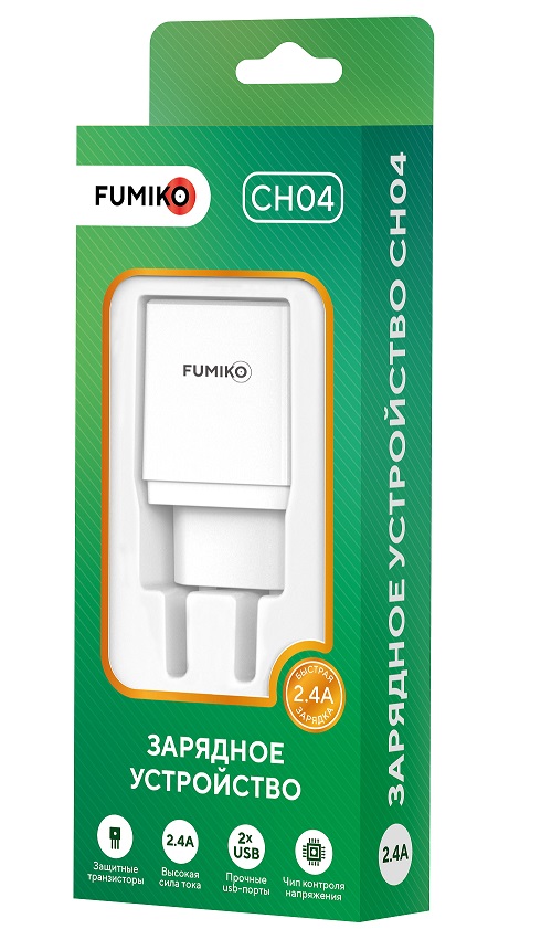 Зарядное устройство сетевое 2 USB 2, 4A 5В бел FUMIKO