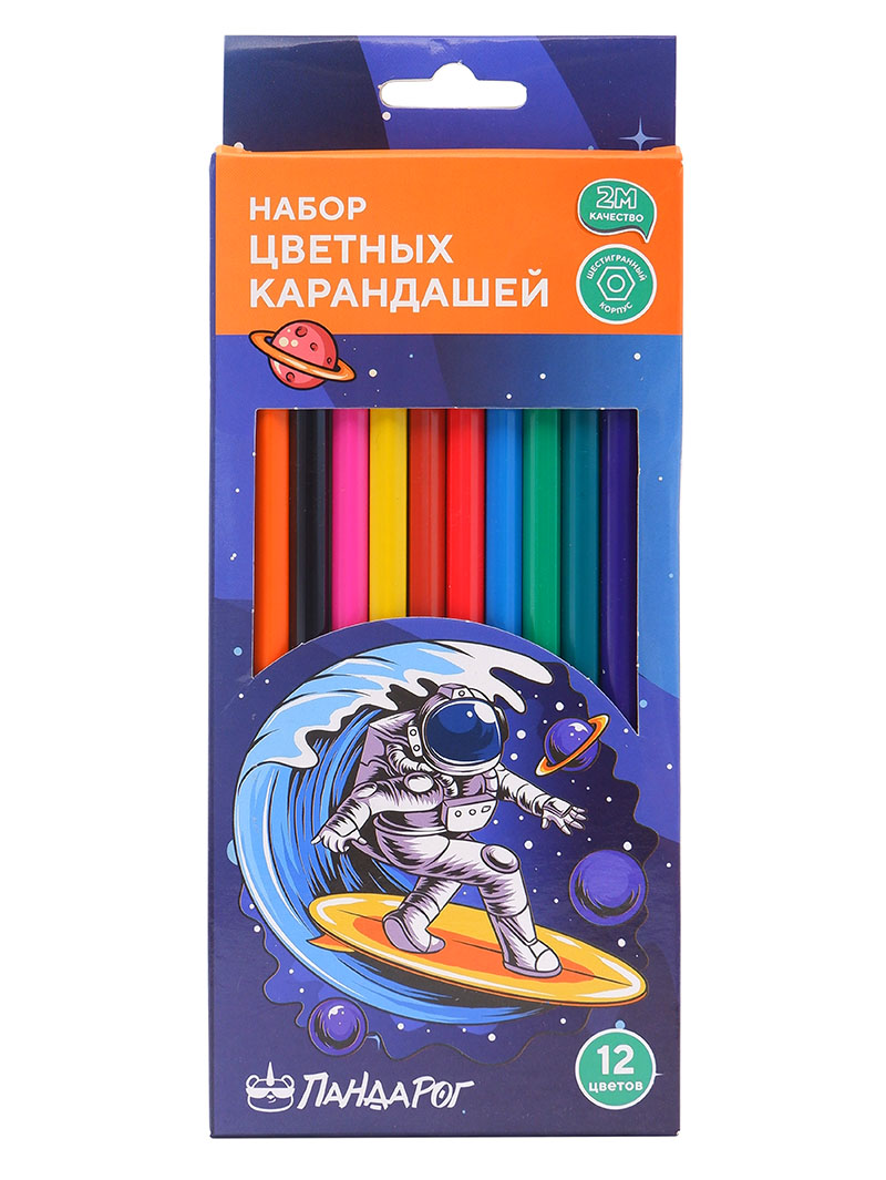 Цветные карандаши 12цв пластик "Космический серфер" ПандаРог