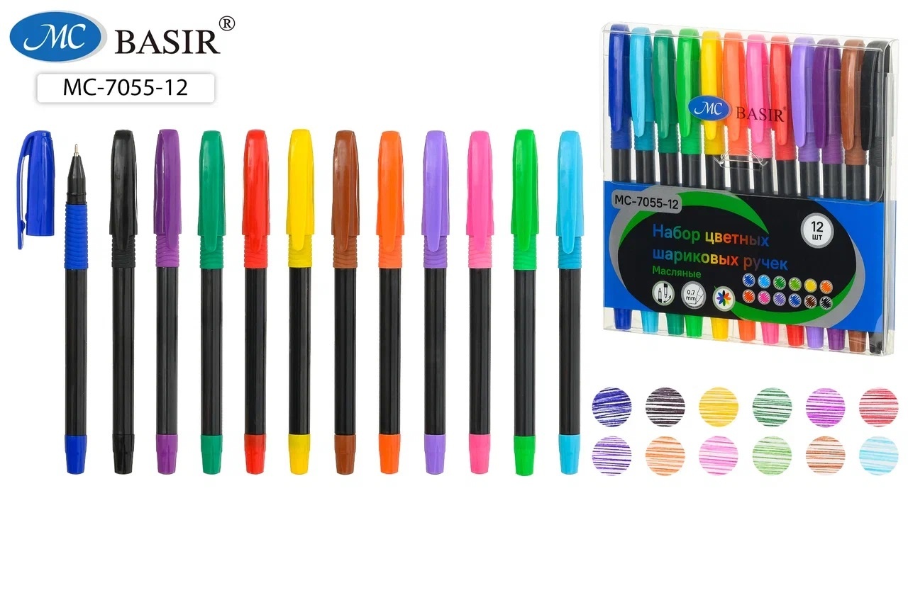 Ручка шариковая в наборе 12цв цветной корупс резин. держатель Basir