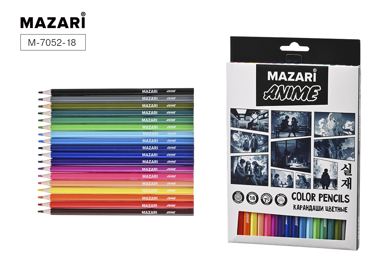 Цветные карандаши 18цв  пластик "ANIME" к/к Mazari