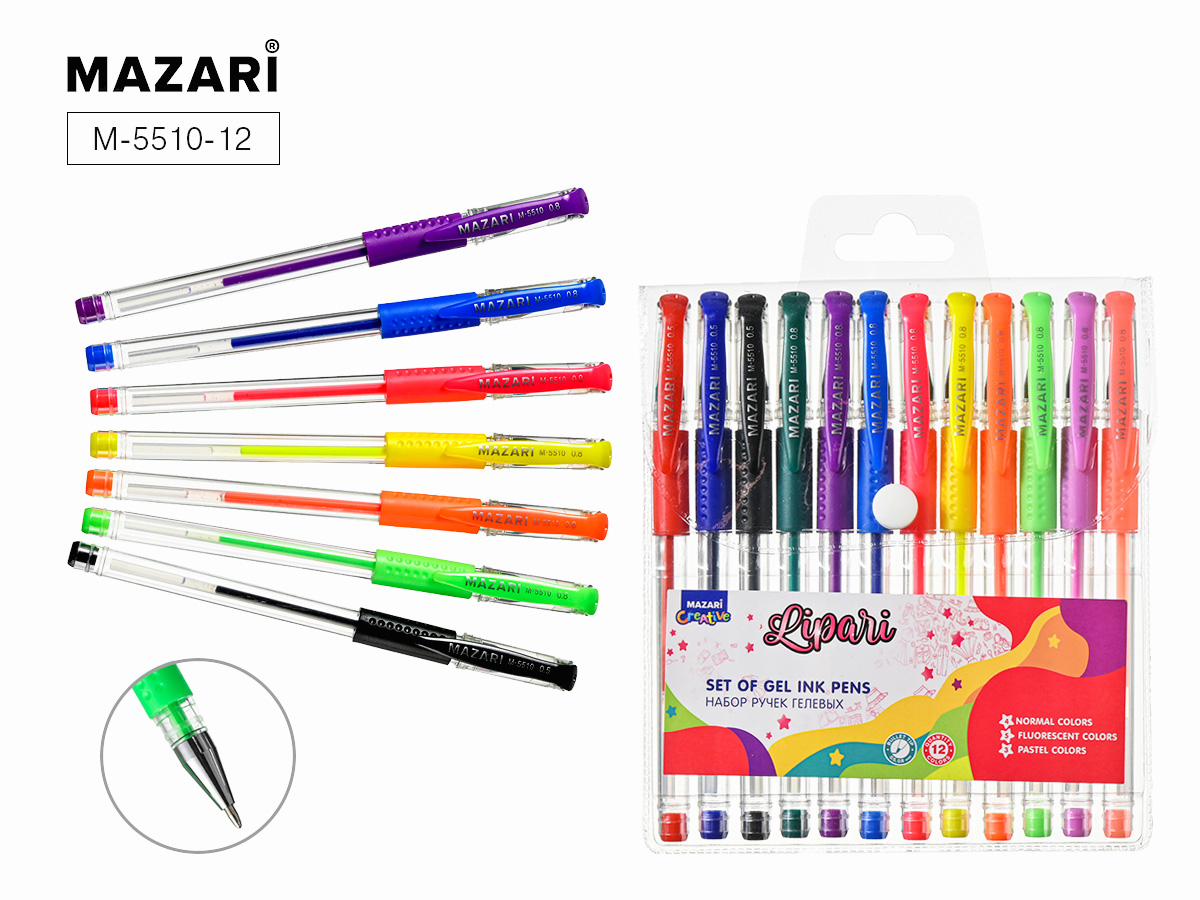 Ручка гелевая набор 12цв LIPARI R рез/держ осн. цв+флюор+пастель Mazari