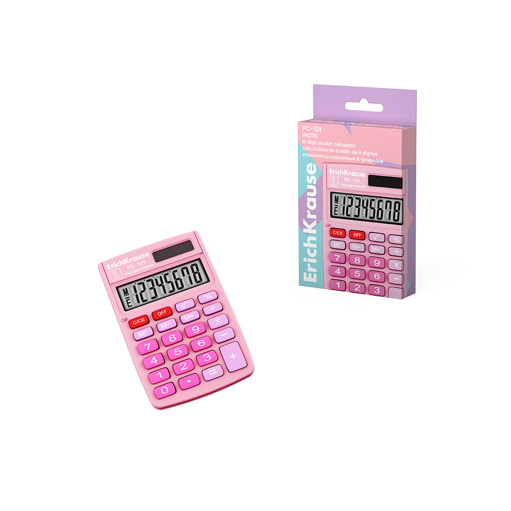Калькулятор  8разр. ,карманный PC-101 Pastel розовый 58*88мм Erich Krause