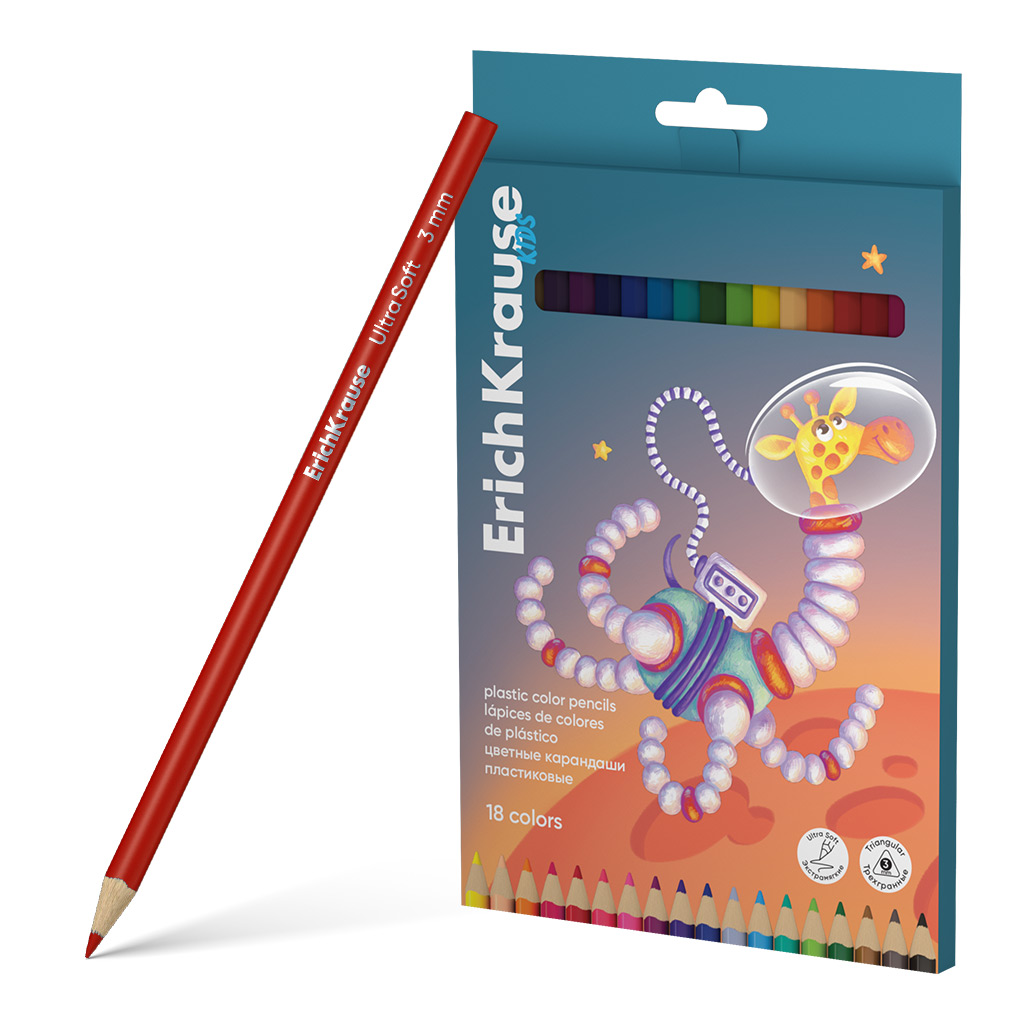 Цветные карандаши 18цв  пластик "Kids Space Animals" трехгранные Erich Krause