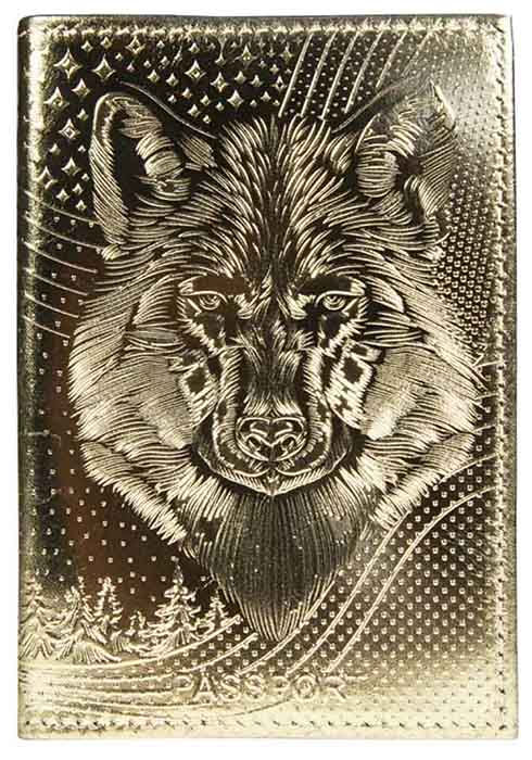 Обложка для паспорта кожа "Волк Металлик" золотой тиснение фольгой