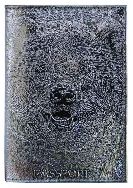 Обложка для паспорта кожа "Медведь 3D" серебряный тиснение фольгой